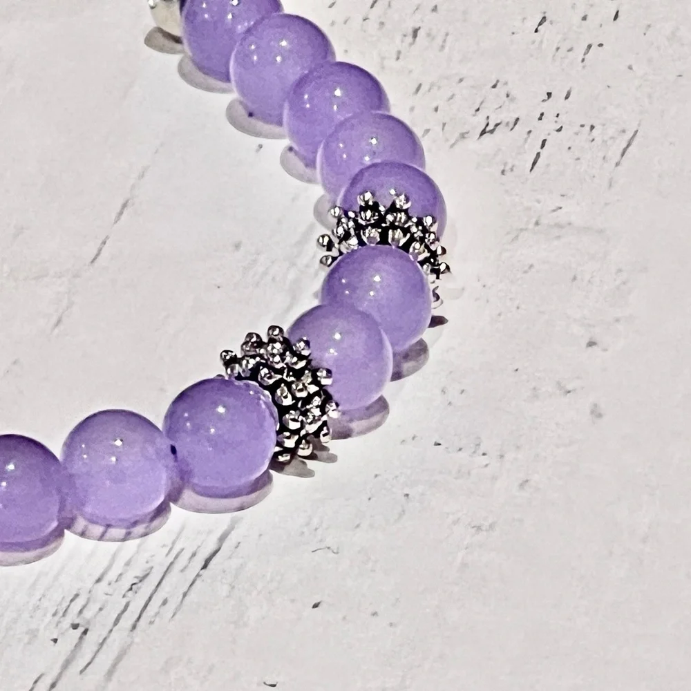 Lavender Jade Handmade Beaded Ankle Bracelet with Silver Daisy Accents